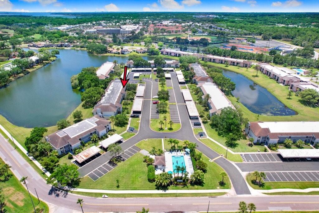 drone photo of the condo building with lake view and community pool