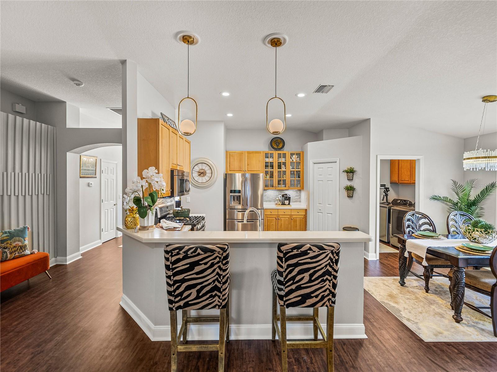 Bar Eating Area with decorative pendant lighting