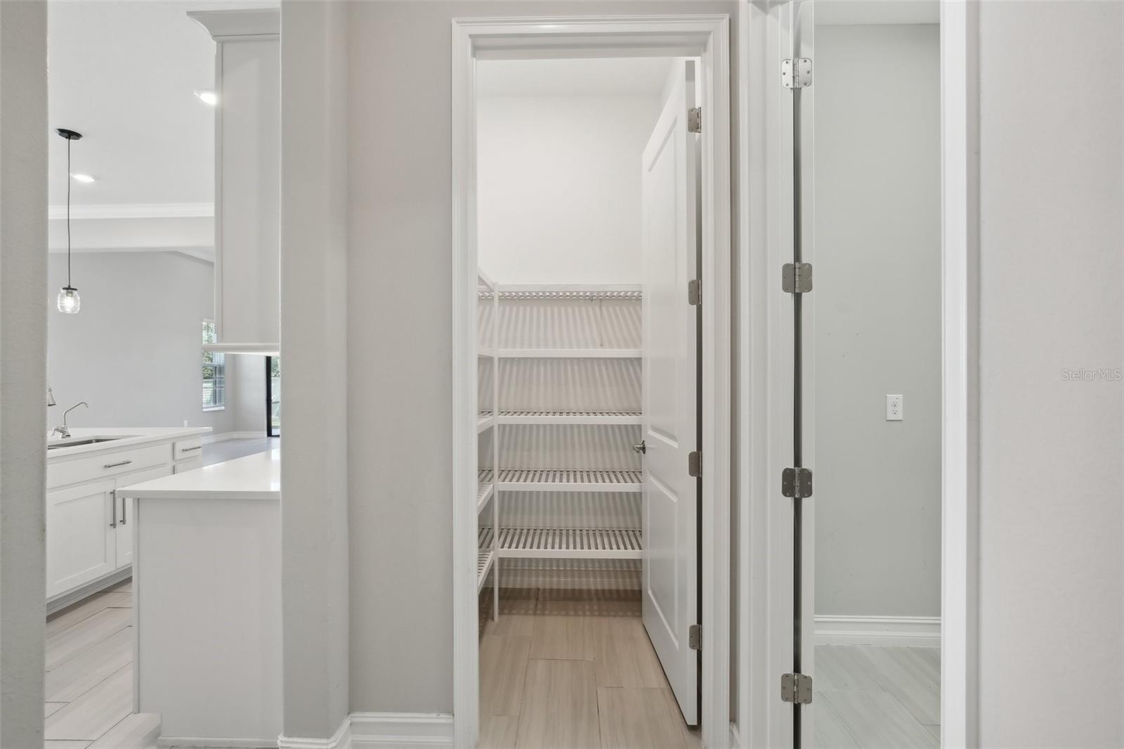 LARGE WALK-IN KITCHEN PANTRY OFFERS BUILT-IN SHELVING