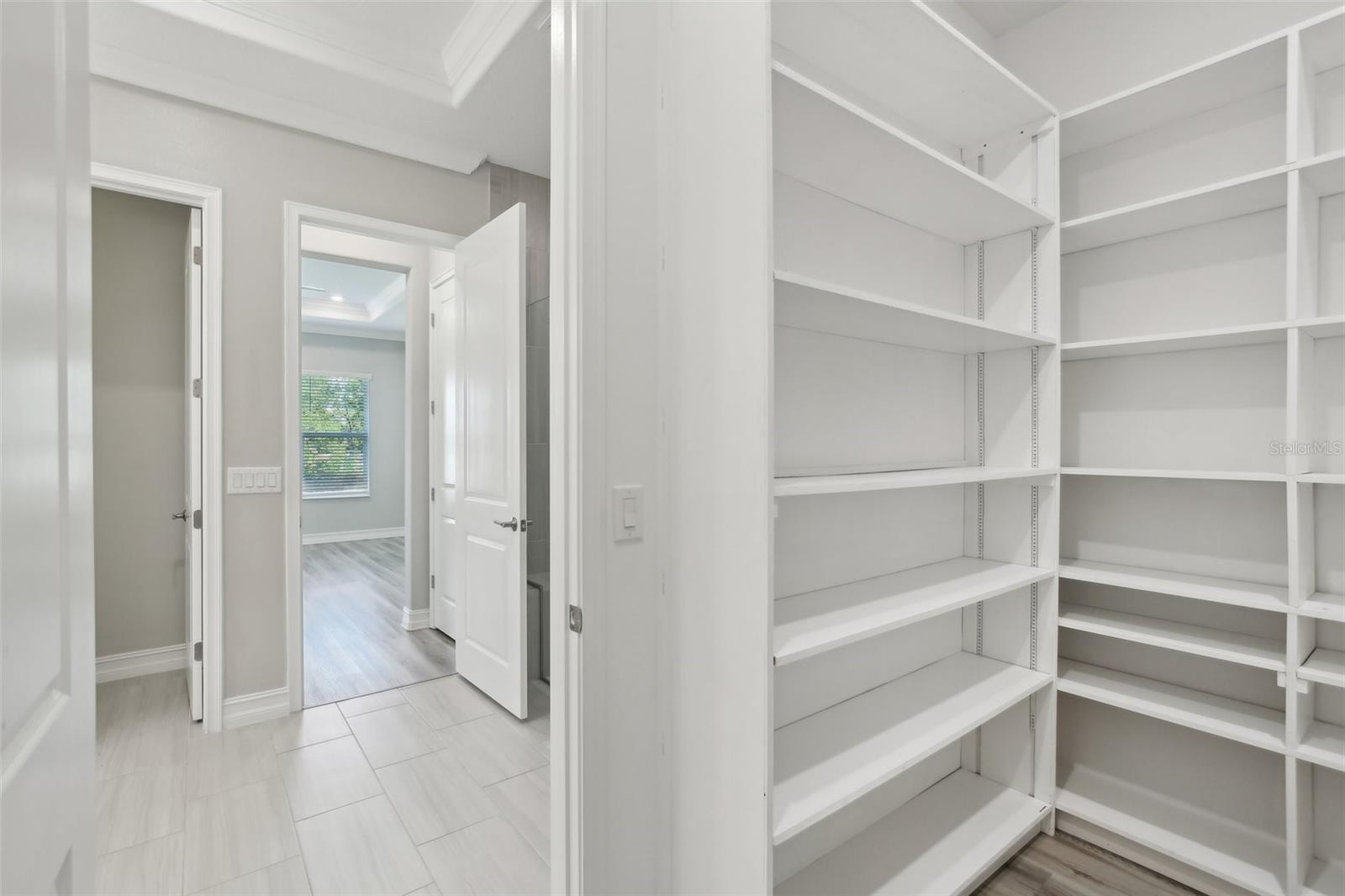 PRIMARY WALK-IN CLOSET HAS ORGANIZED BUILT IN SHELVING