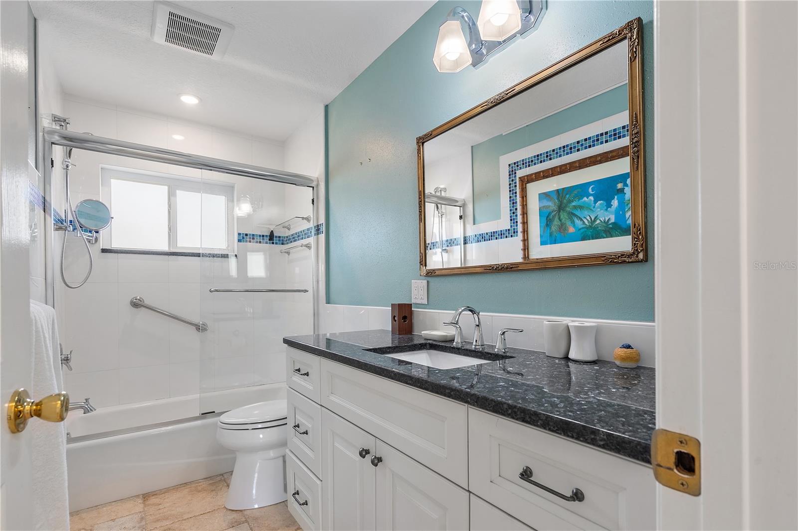 Hall bath with granite vanity top