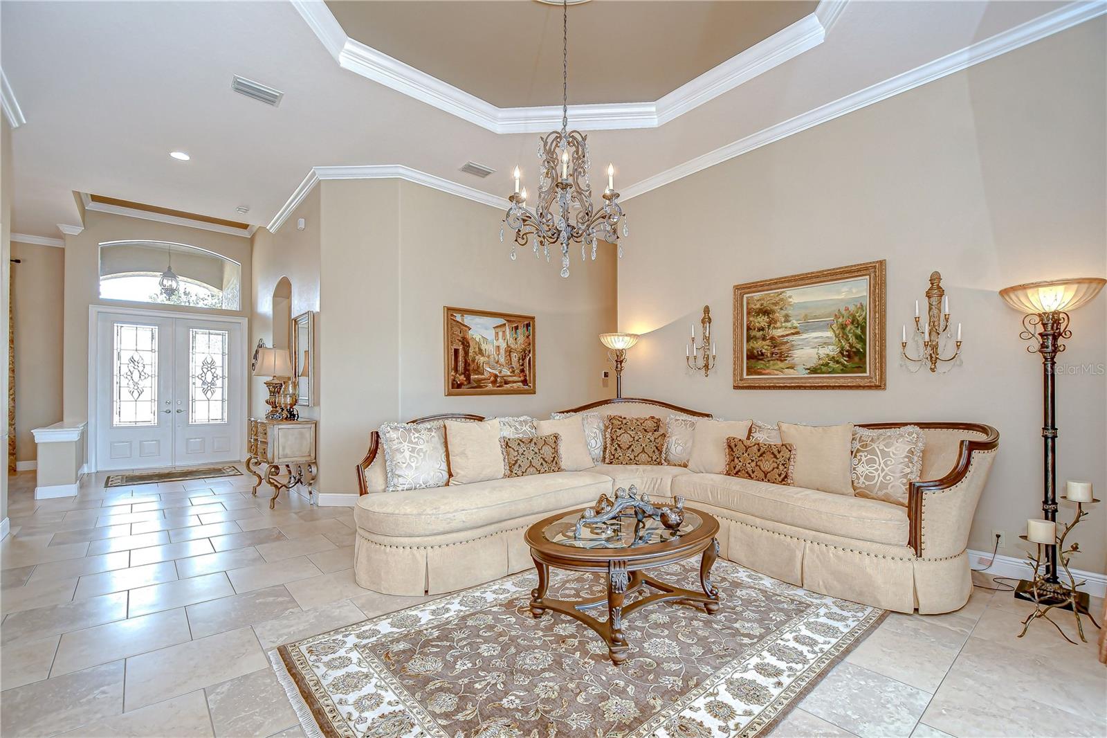 Living Room Octagon Octagon Tray Ceiling - Open Floor Plan