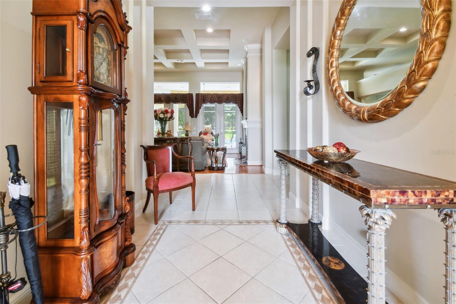 Tiled foyer with view to the family room.