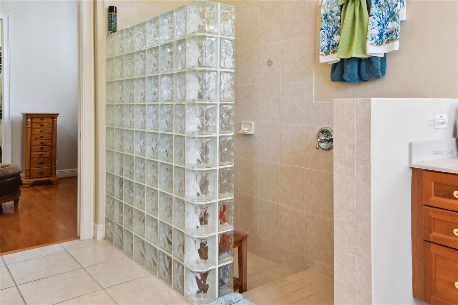 Step down walk-in shower.