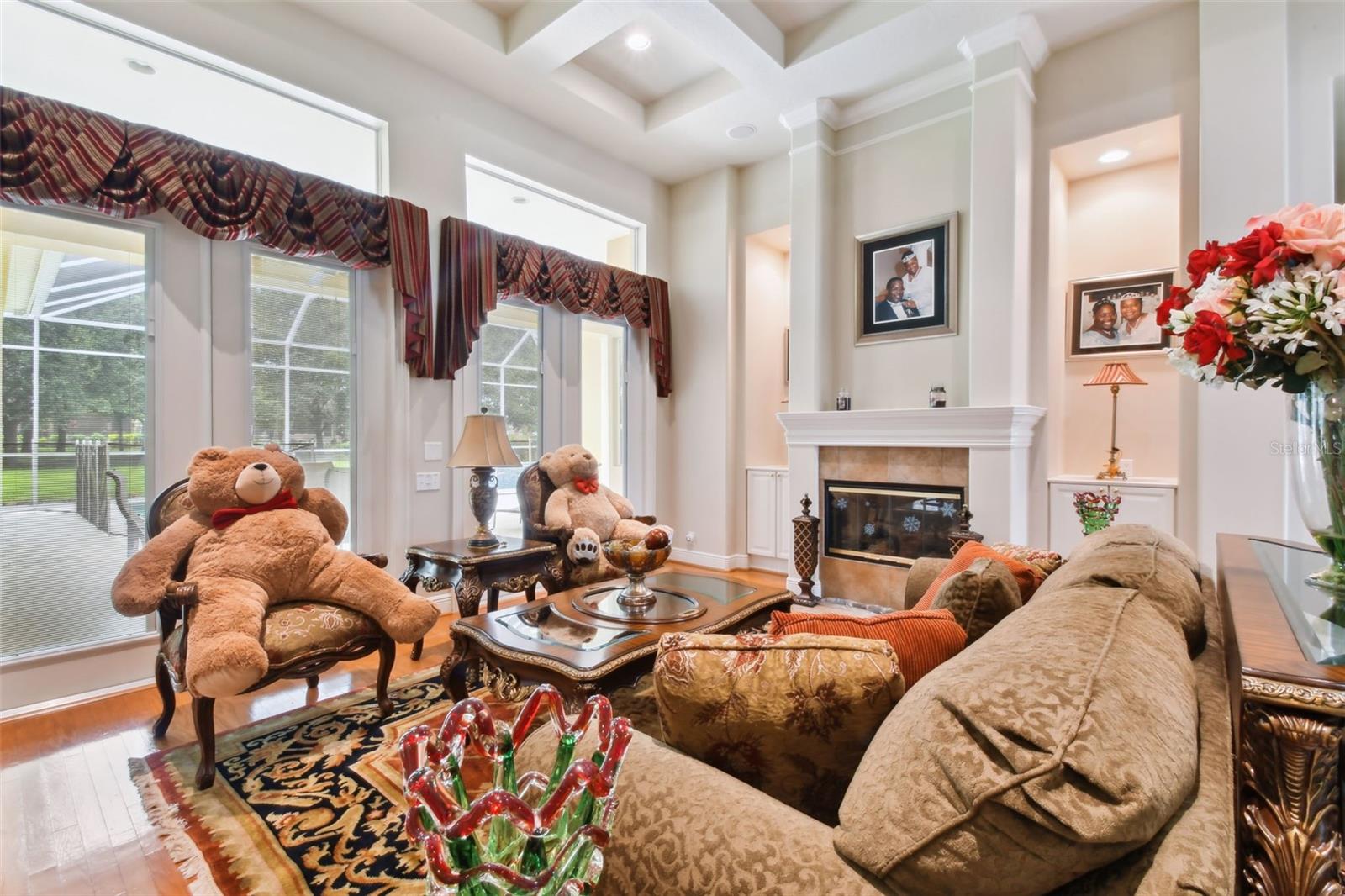 Family room with double French doors with built-in blinds, fireplace and built-in cabinets.