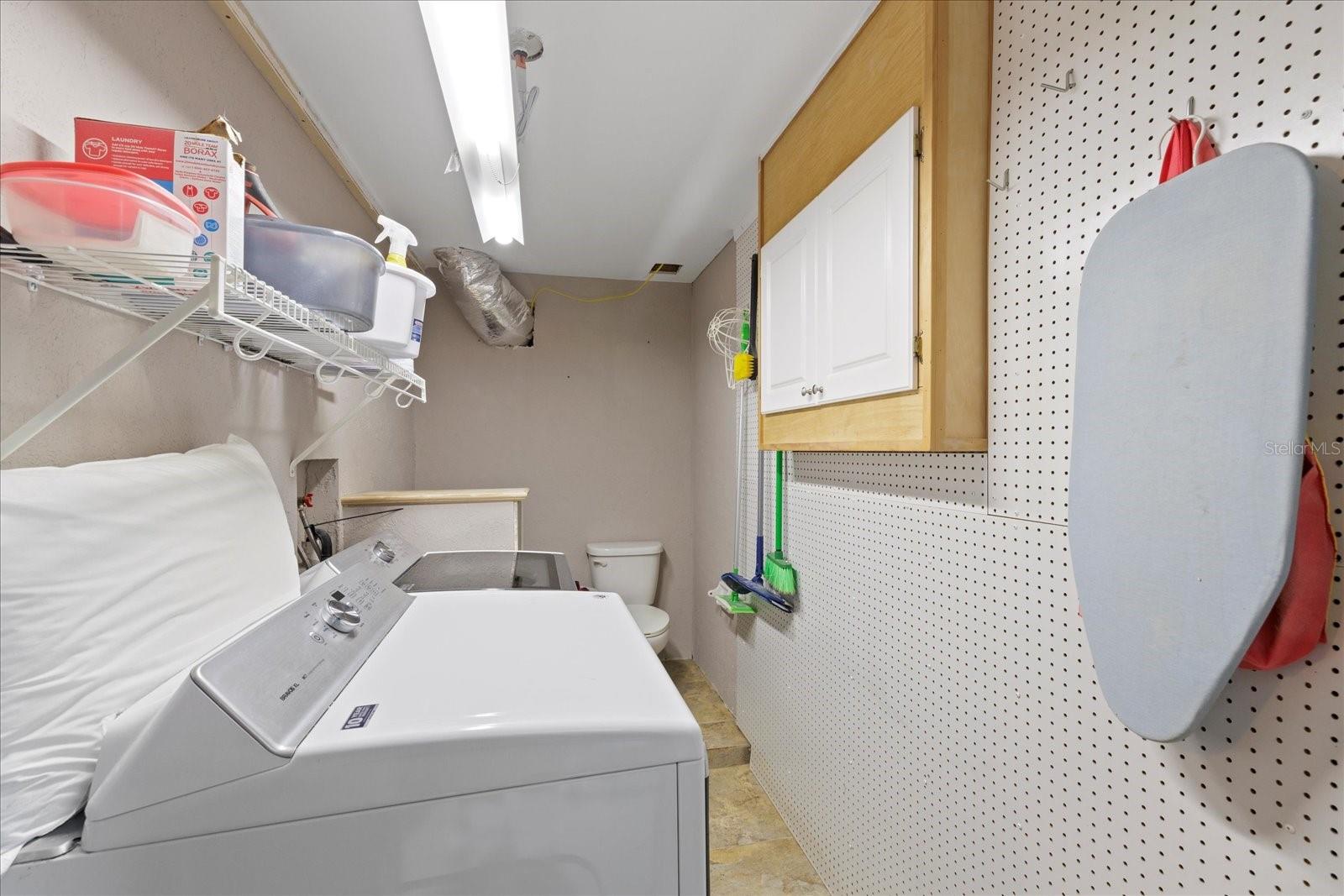 INDOOR climate controlled laundry room with toilet and sink.