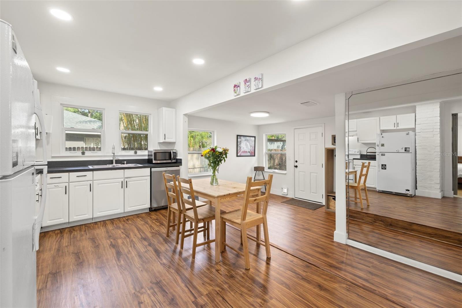 Kitchen recently renovated with open concept and new floors.