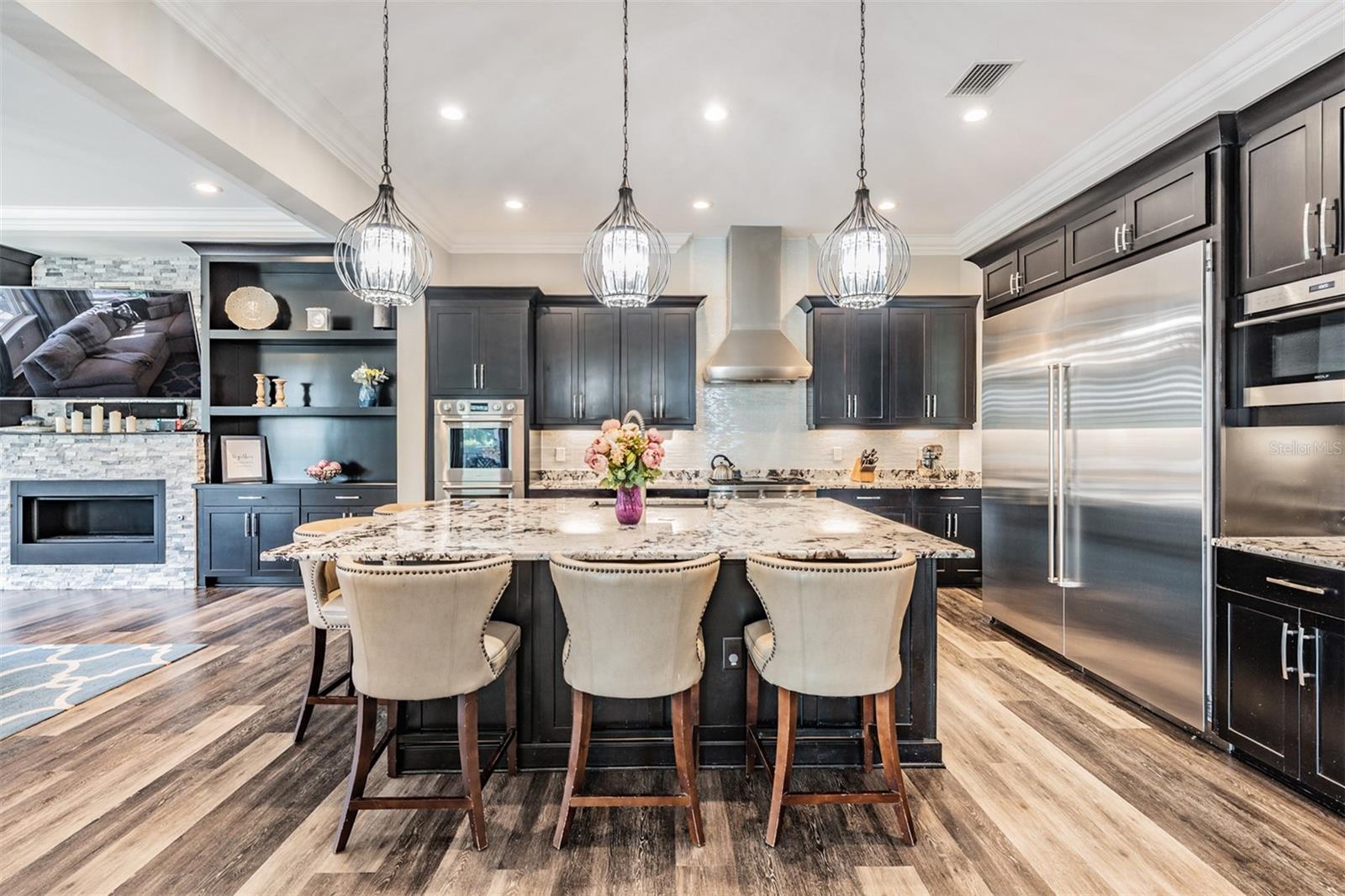 Kitchen with lots of cabinetry, beautiful quartz counters, top of the line appliances