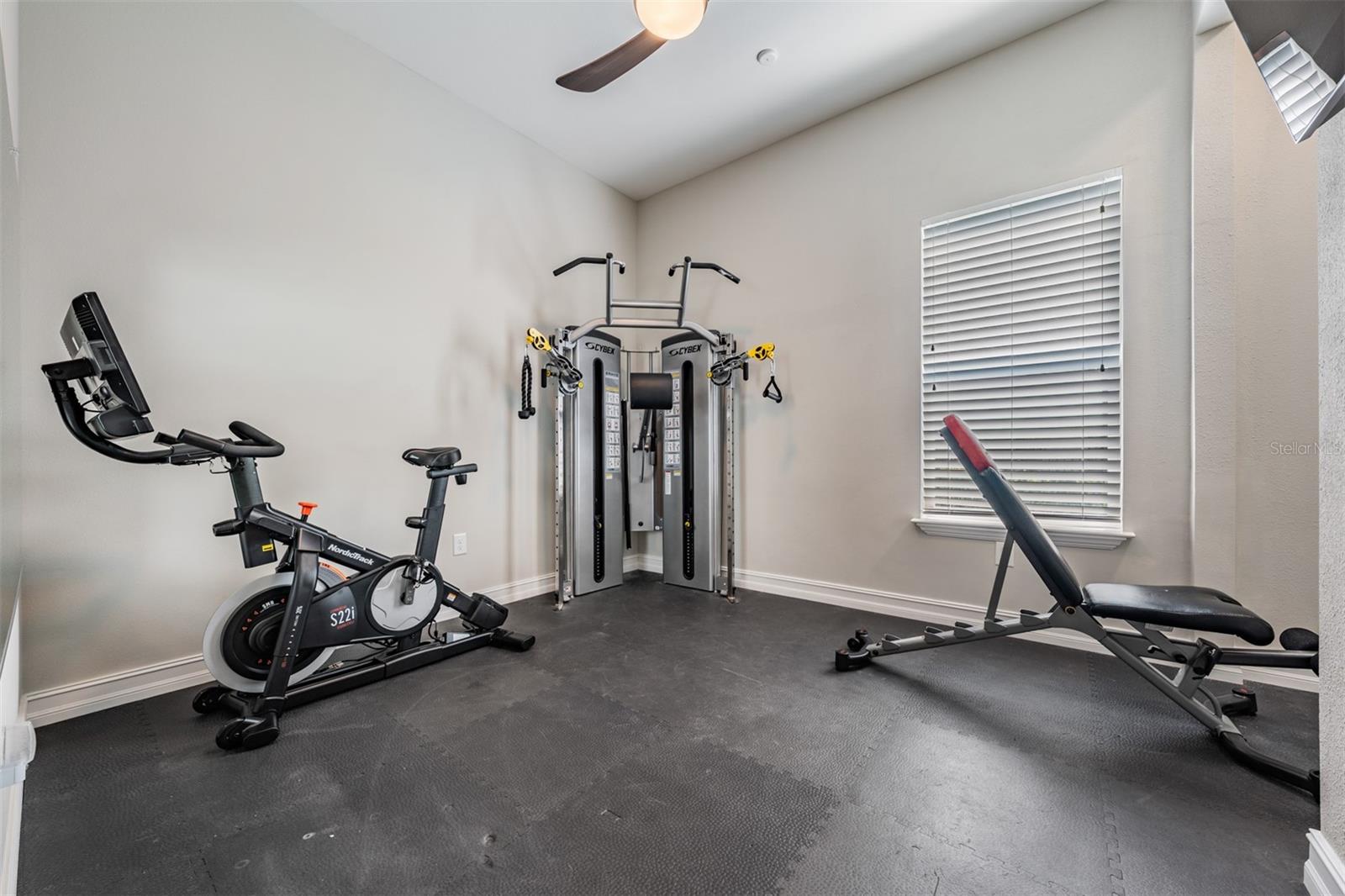 Downstairs gym room with mirrors and rubber floor