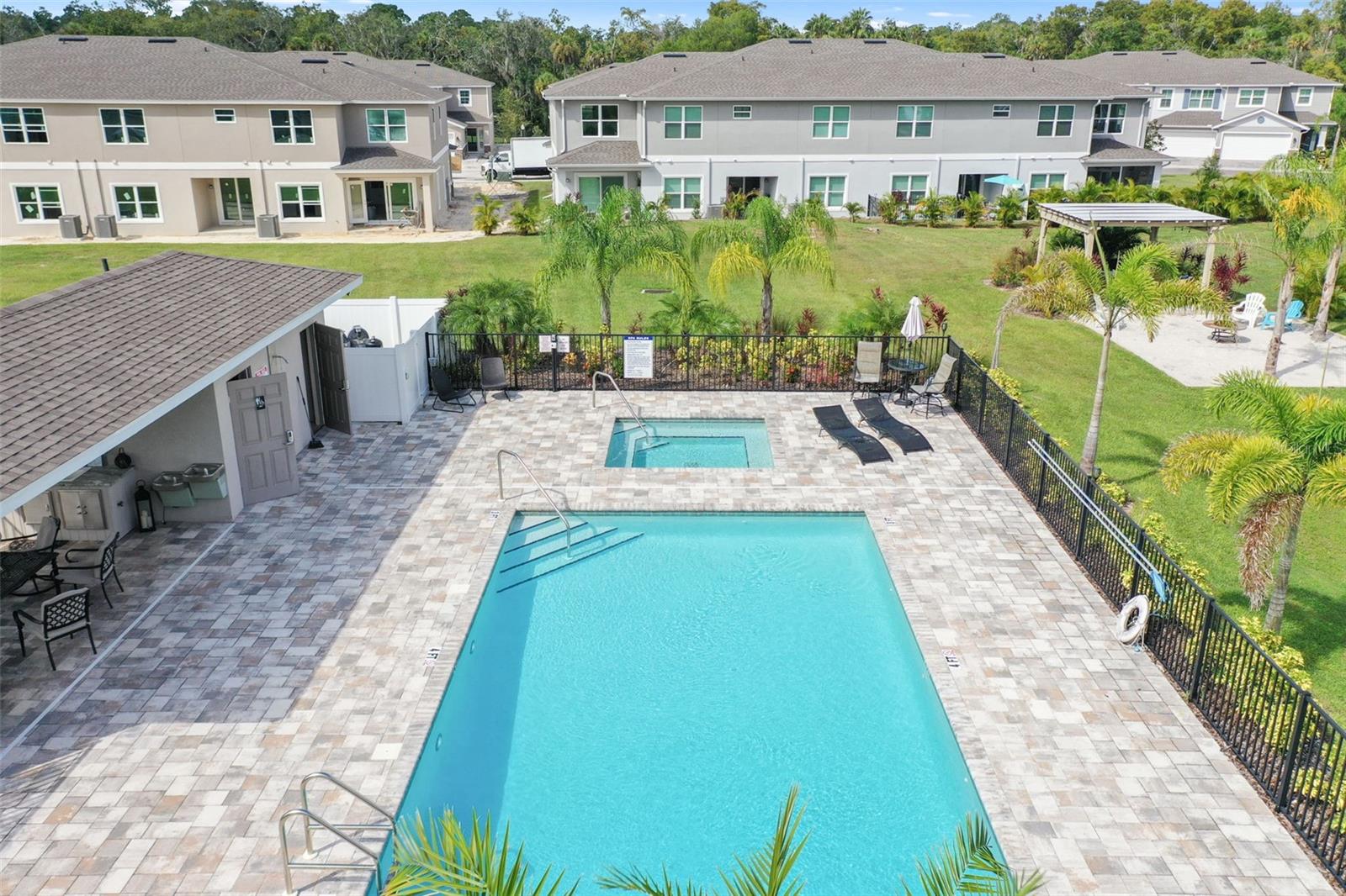 Pool and spa with bathrooms and picnic area