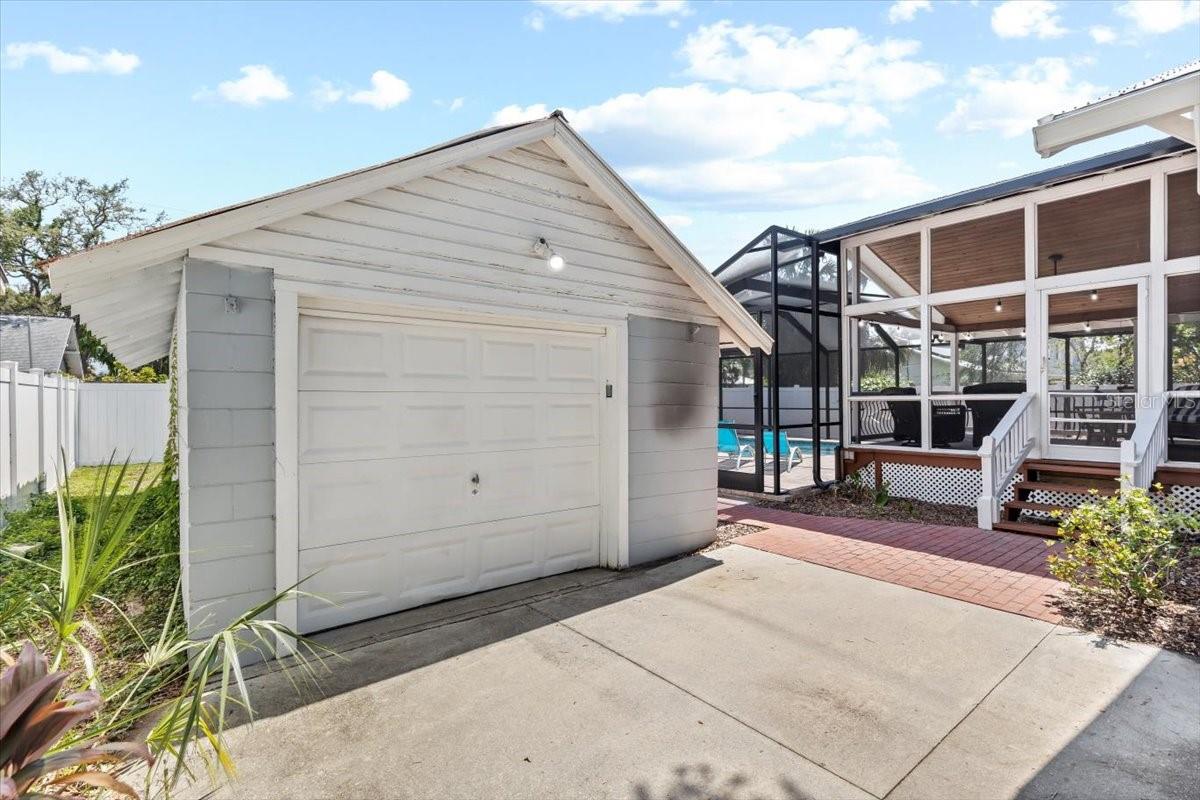 Front view of detached garage.