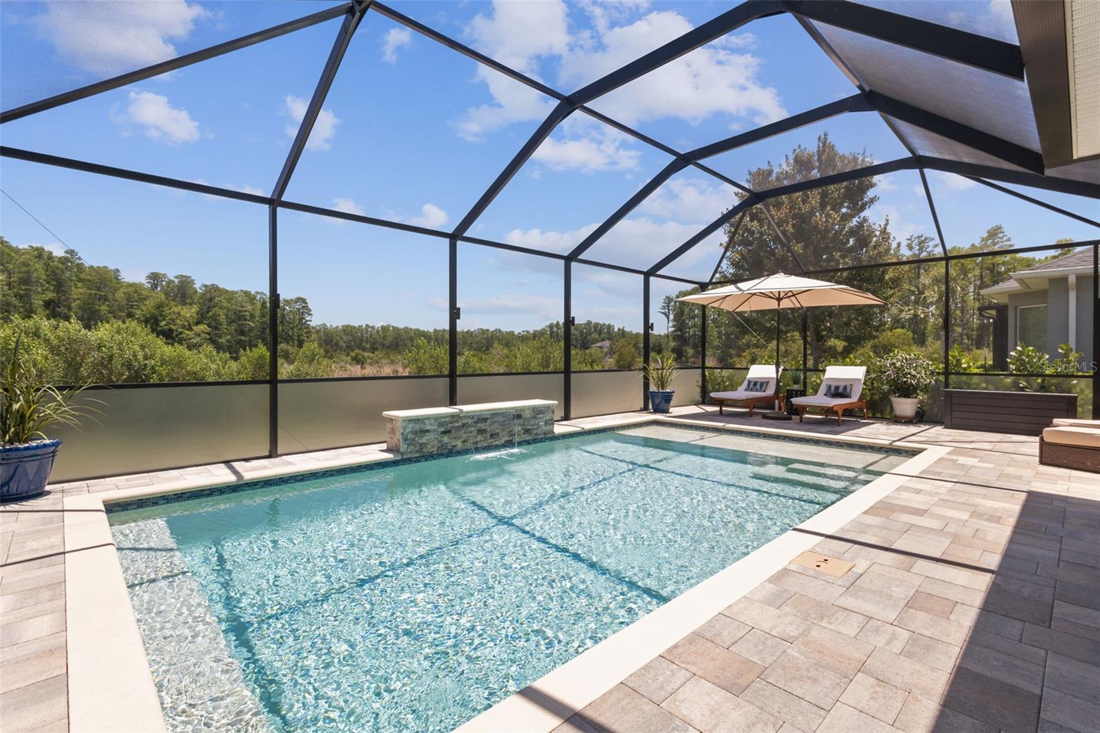 Pool fully caged in with expansive views