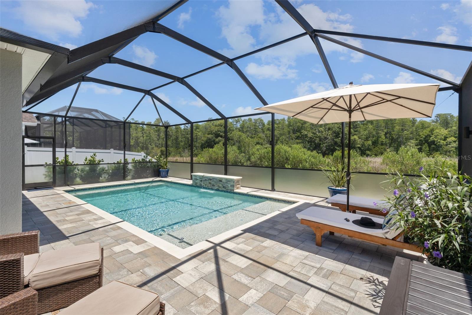 Pool fully caged in with expansive views