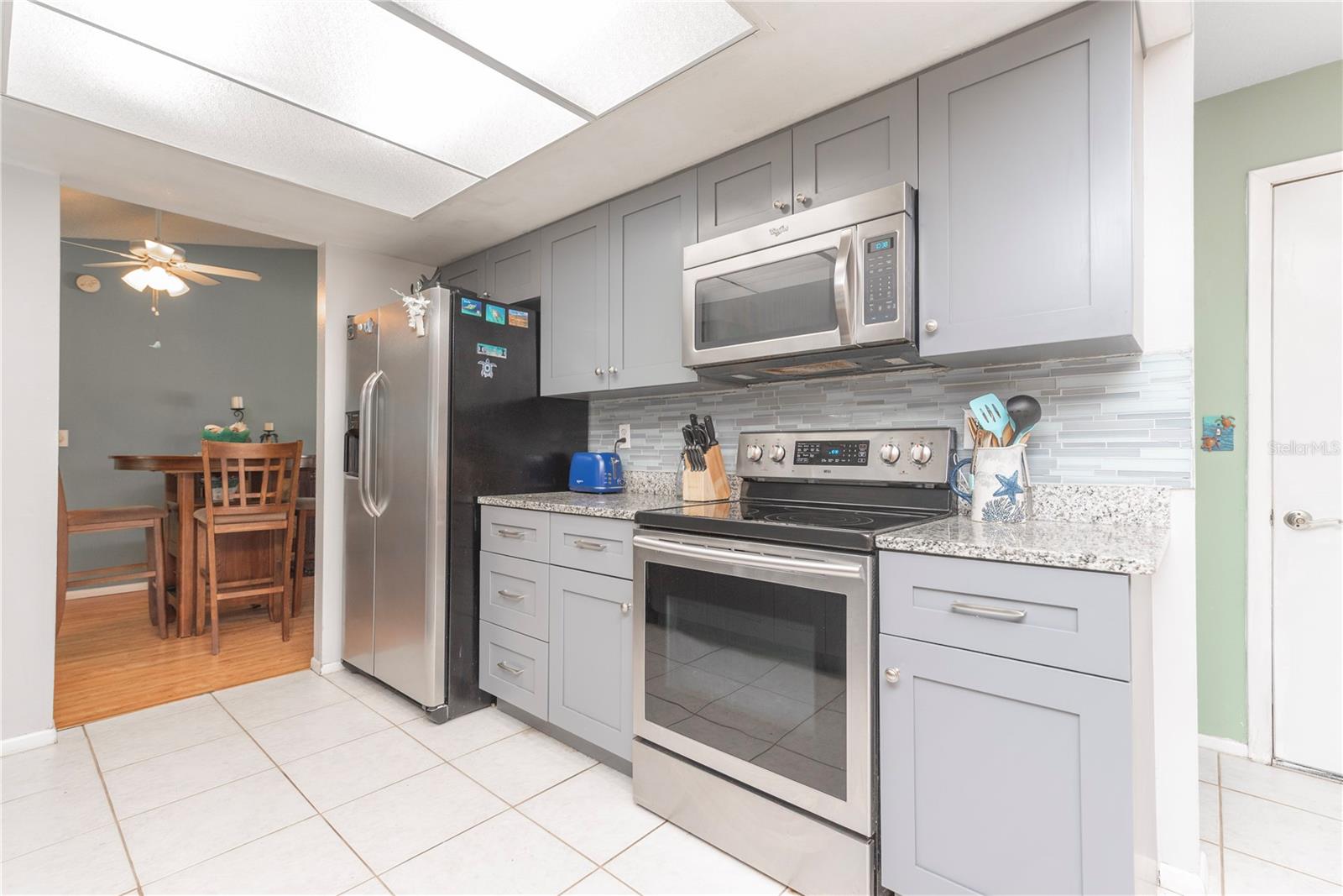 Kitchen with stainless steel appliances.