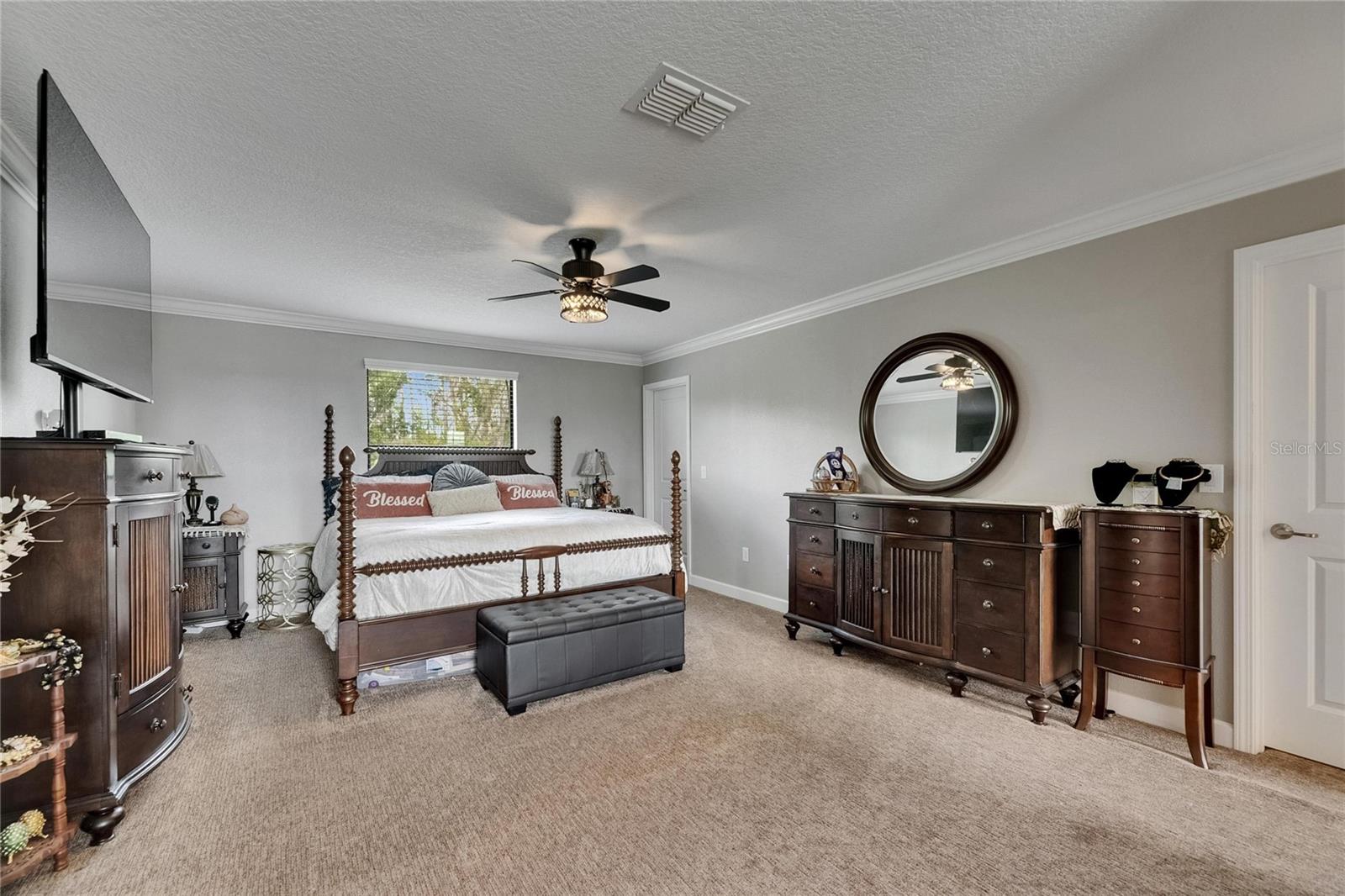 The primary bedroom is generously sized to comfortably accommodate large furniture pieces while still offering plenty of open space.
