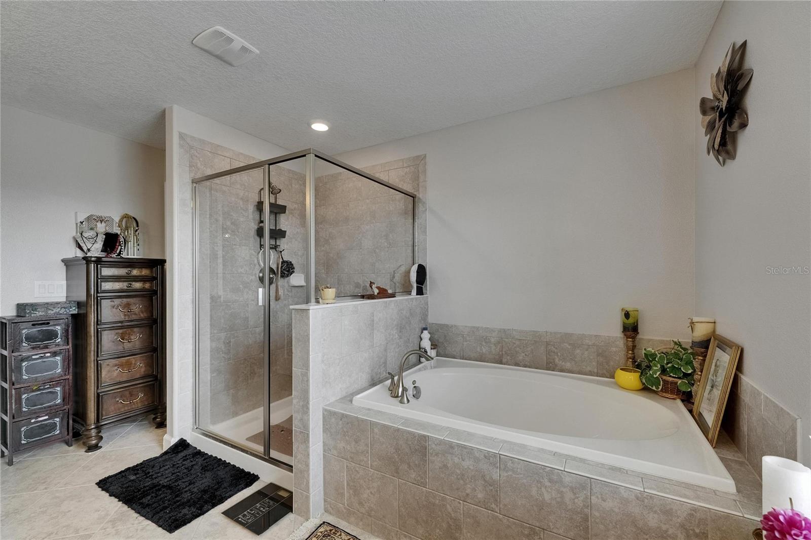 Enclosed glass shower and relaxing garden tub