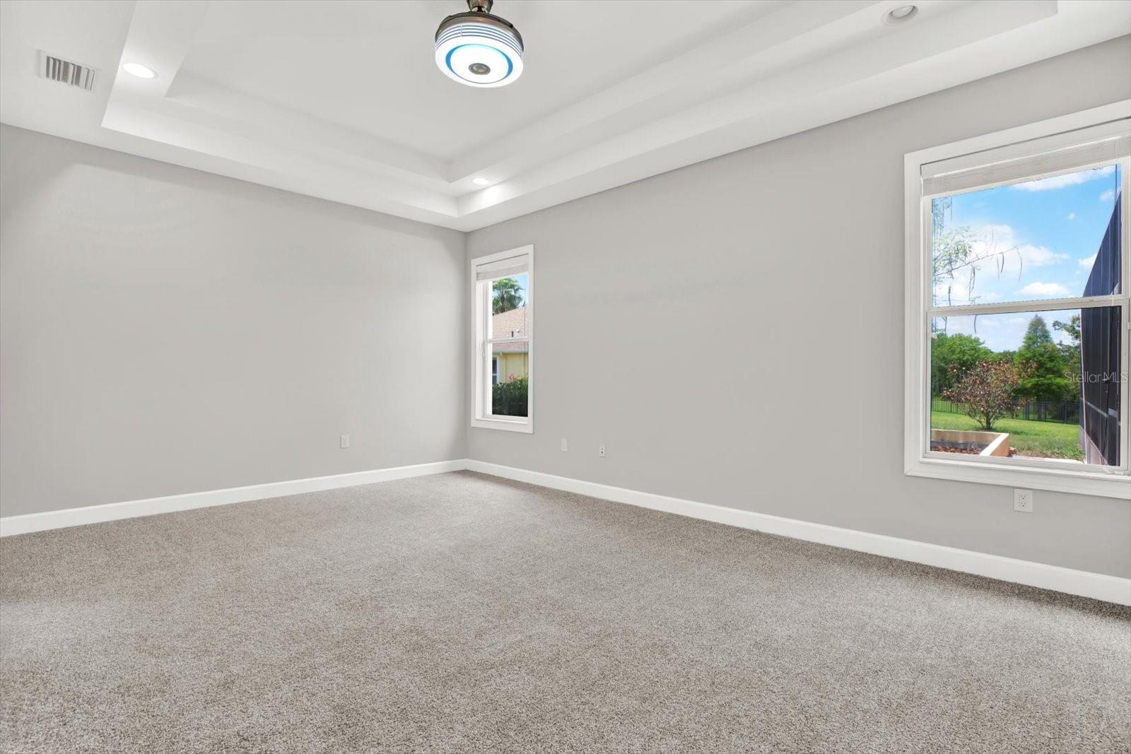 Primary bedroom features a tray ceiling