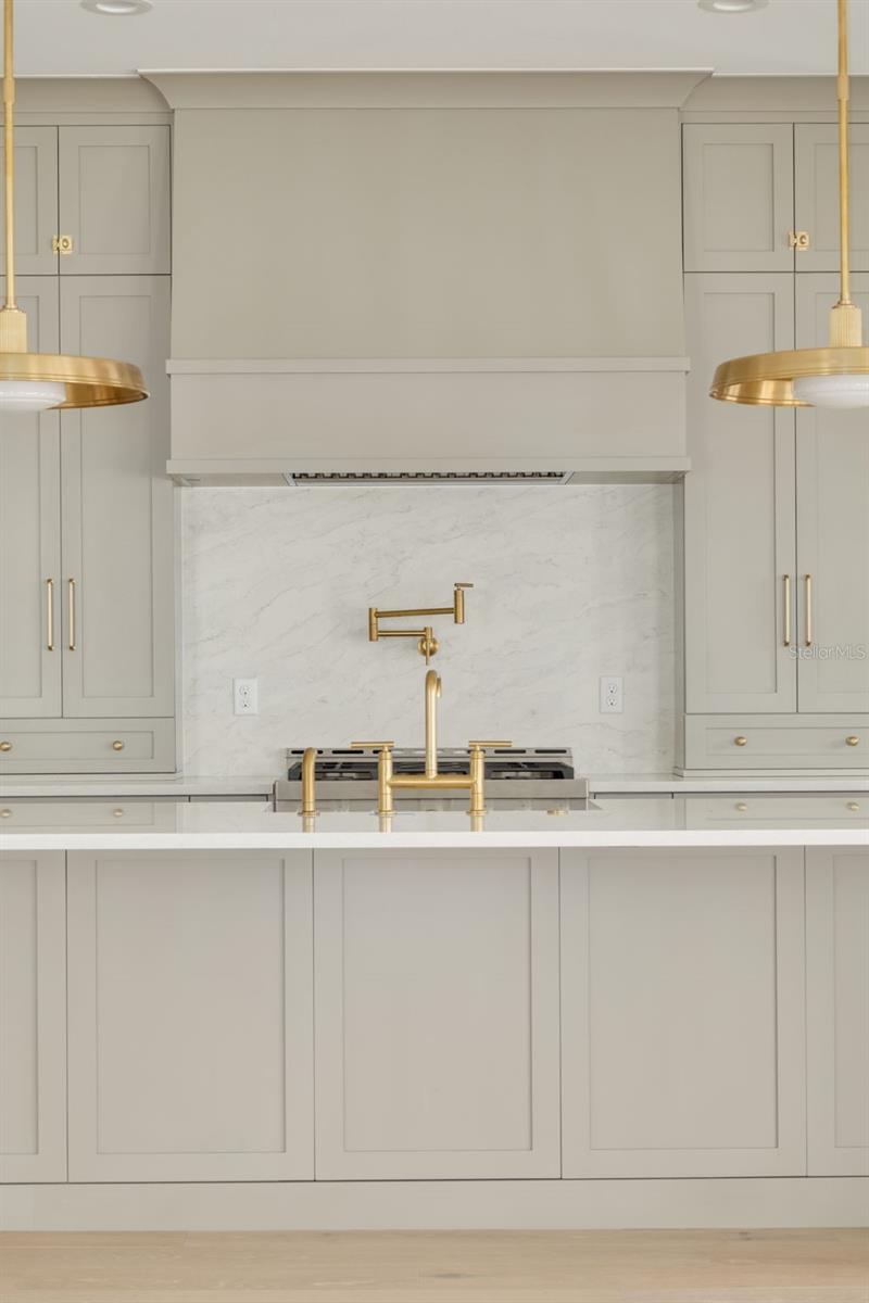 A statement range hood and upgraded kitchen sink faucet in Luxe finish. This photo is a different model, similar finishes will be provided.