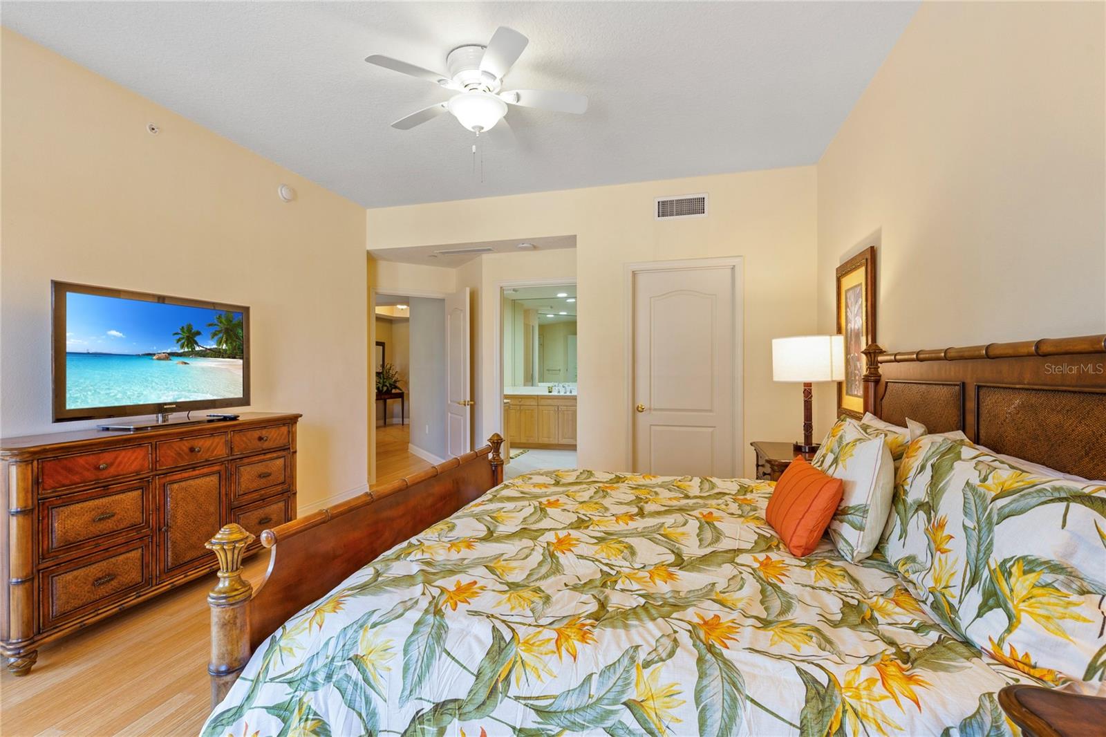 With a spacious walk in closet and an en suite bath.