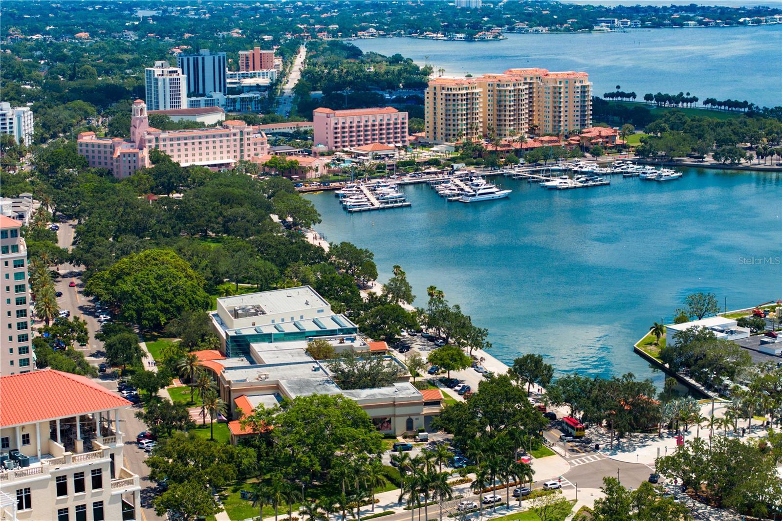 Aerial view of waterfront Parks, museums, restaurants, Vinoy Basin and miles of shoreline to enjoy