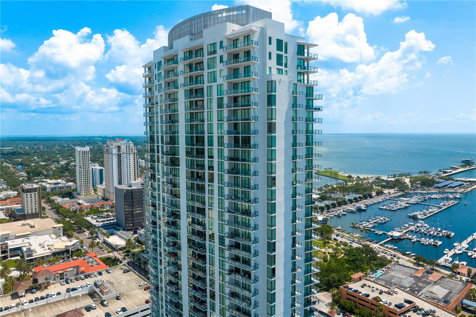 Aerial city side of ONE St Petersburg looking back to Tampa Bay