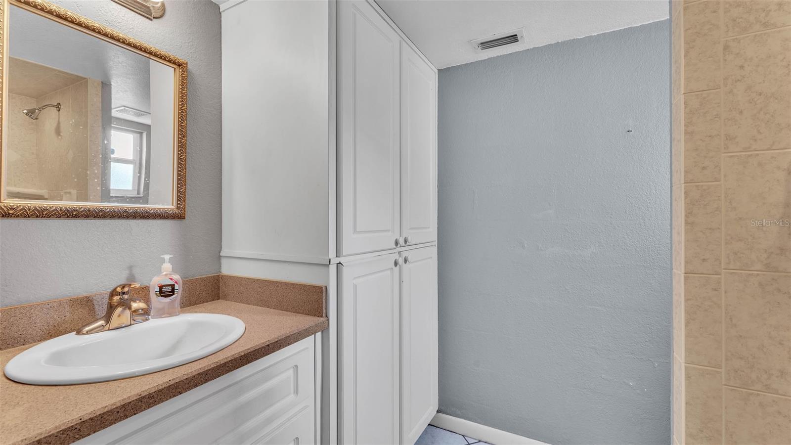 Downstairs is a nice bathroom with a shower.
