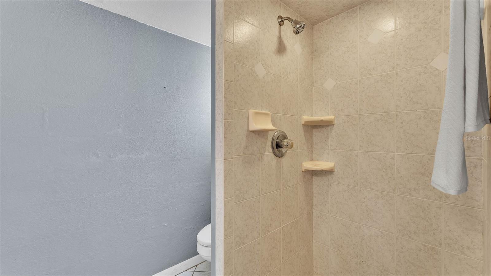 Downstairs is a nice bathroom with a shower.