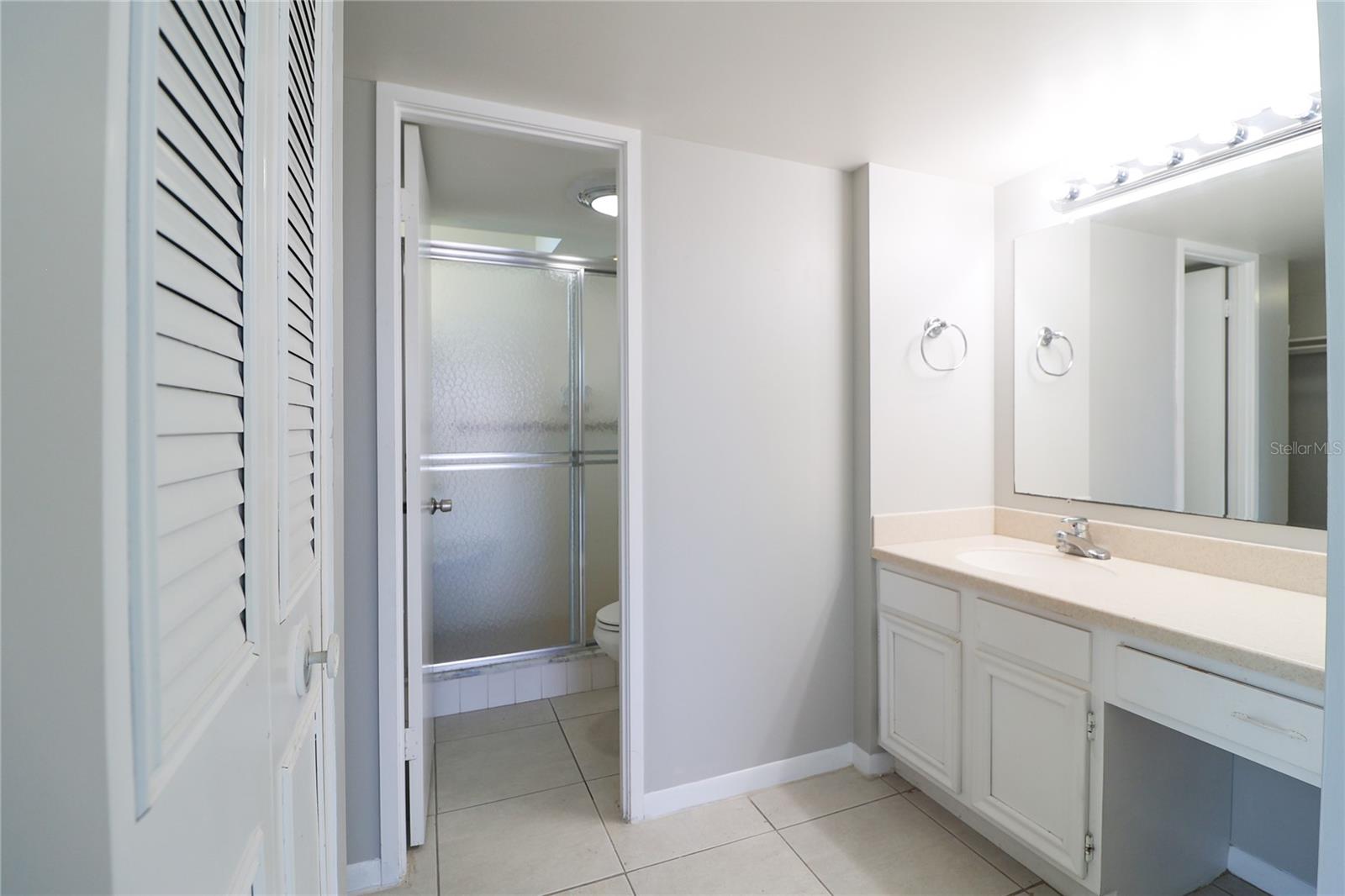 Master bath with separate vanity and linen closet