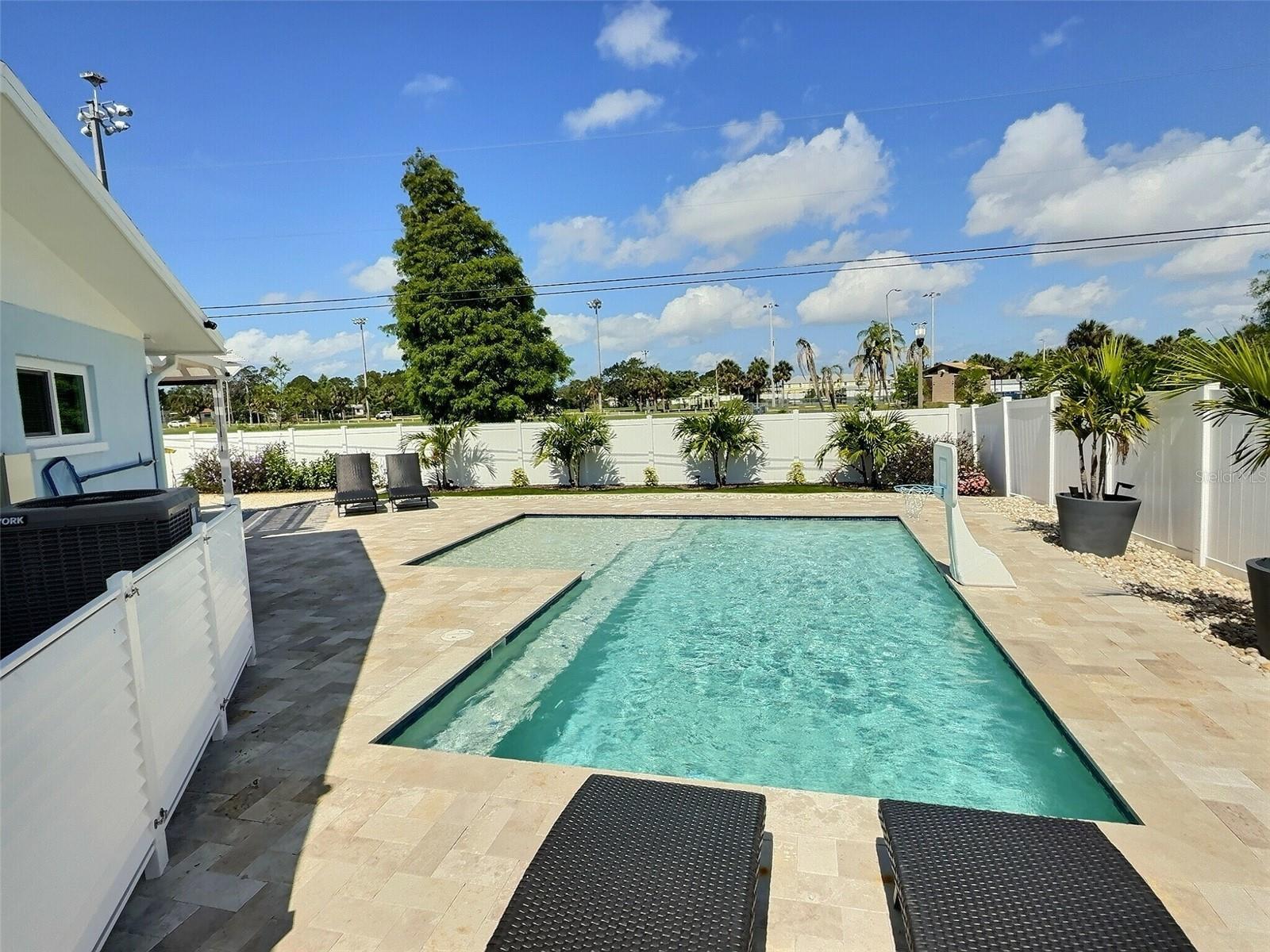 Saltwater pool can be heated and cooled to optimal temperature year round.