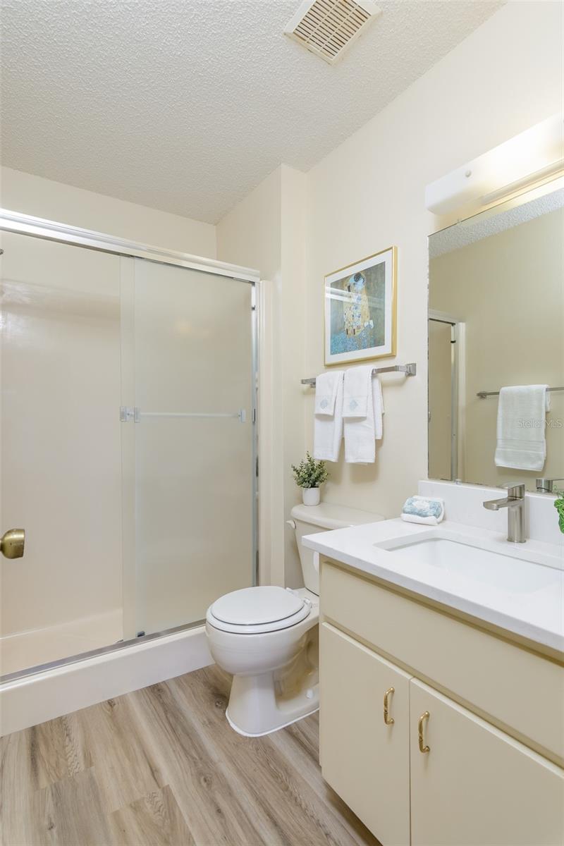 Primary bedroom bath with walk-in shower with glass doors, new countertop and undermount sink.
