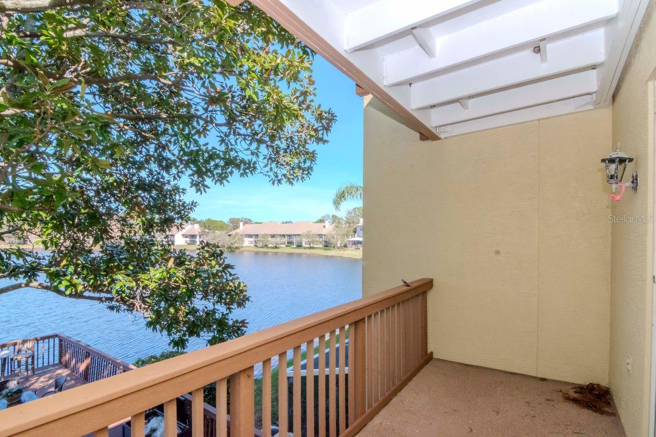 Primary bedroom balcony with view of the pond.