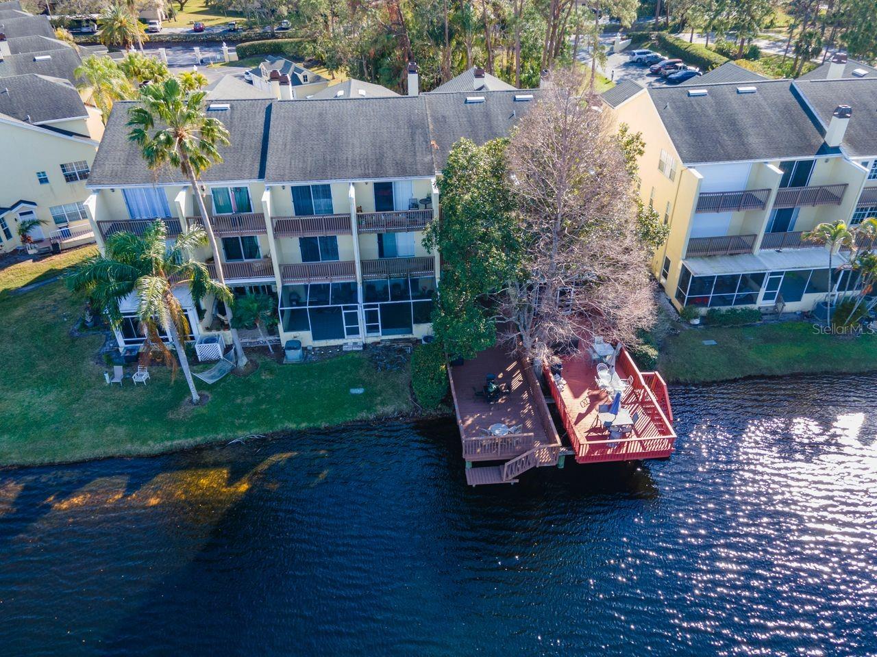 Aerial view of the dock and back of complex.