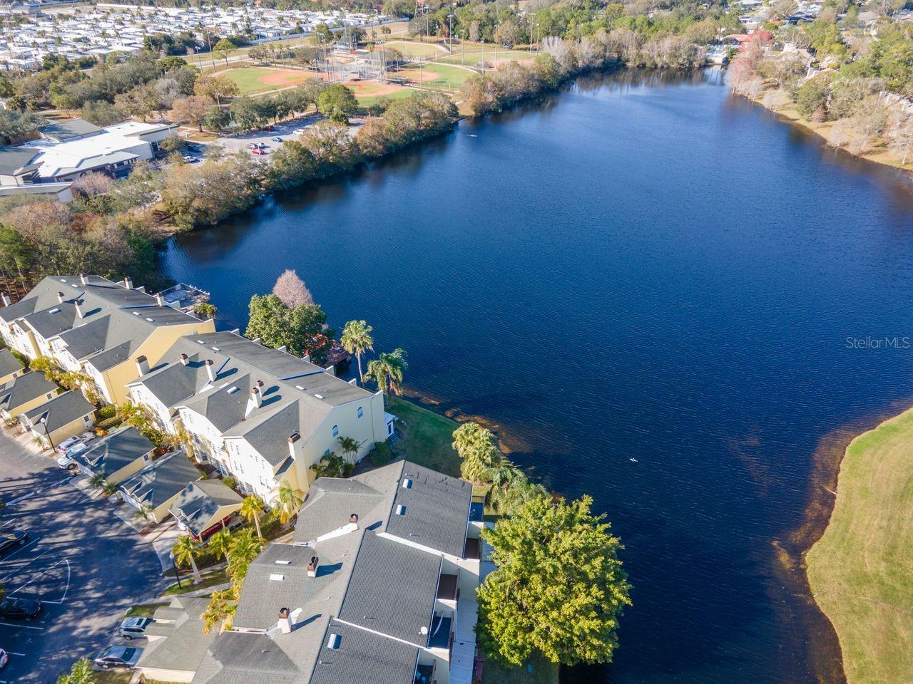 Aerial view of row of townhomes and pond