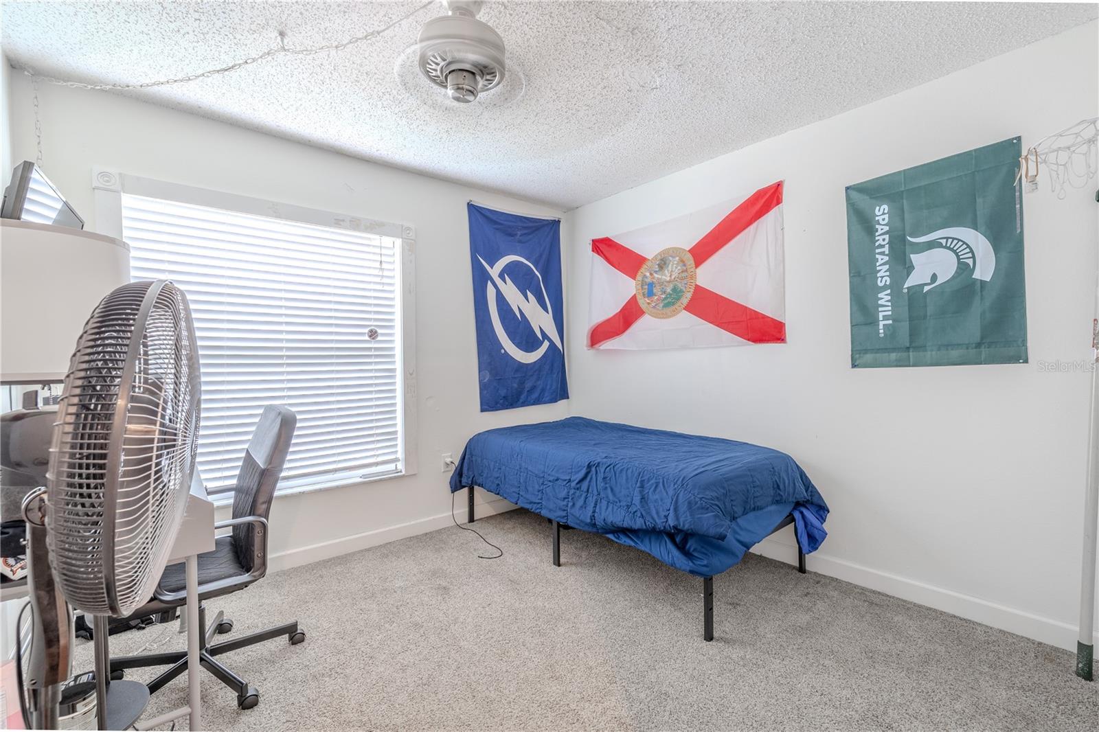 Bedroom 2 features neutral tones, carpet a ceiling fan and built-in closet.