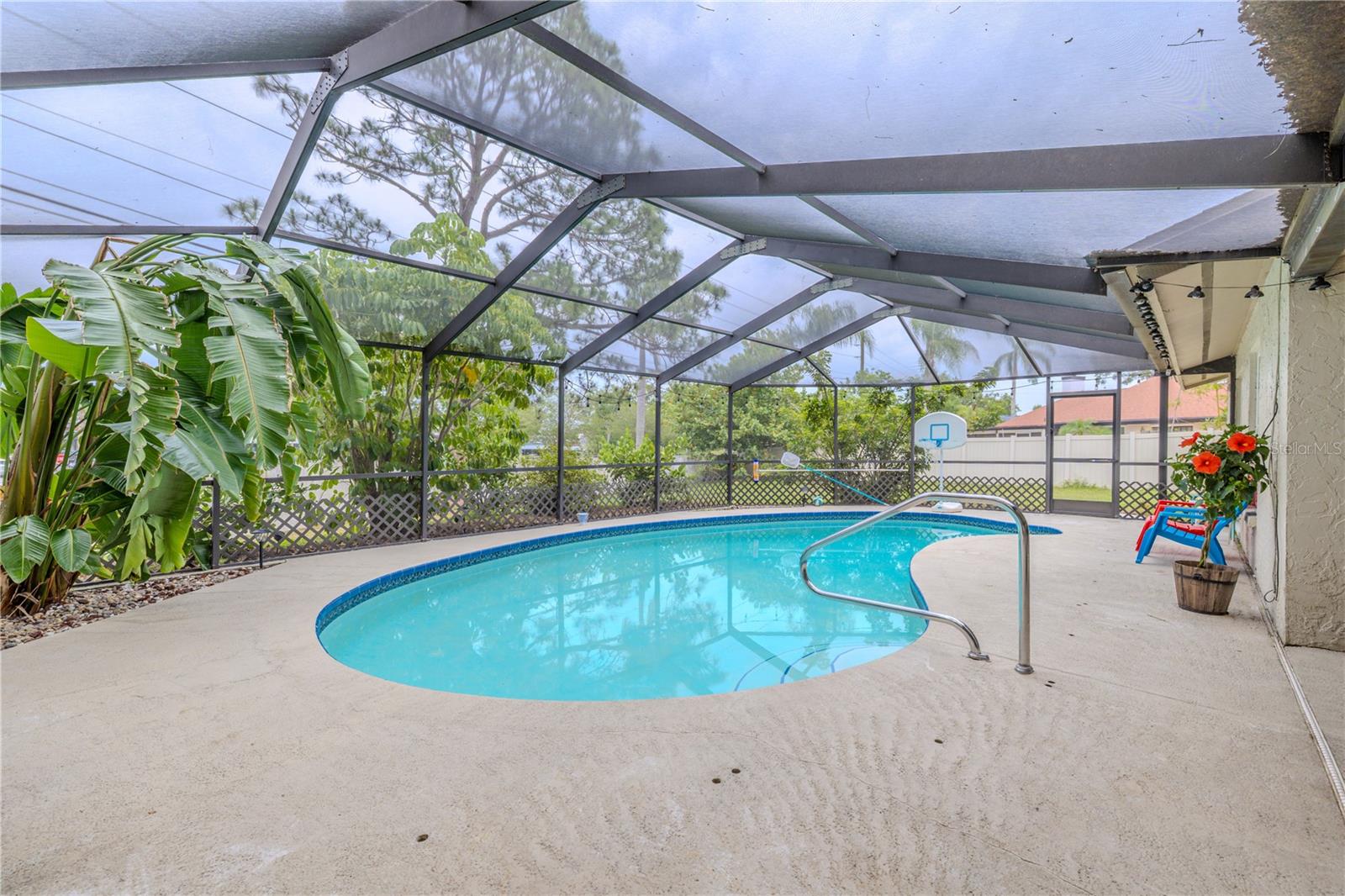 Screen in pool in a tropical setting.