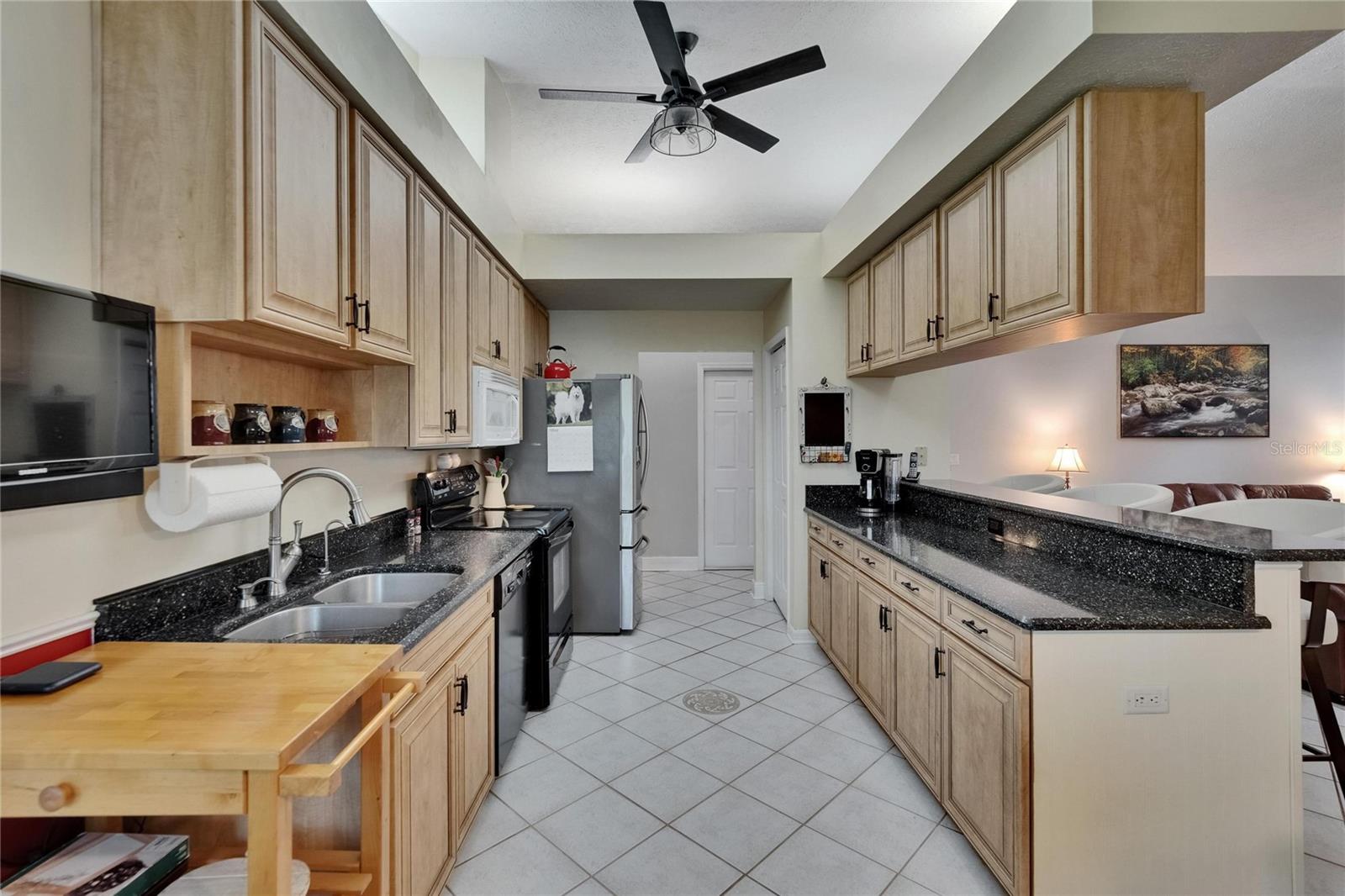 Beautifully mocha glazed kithen cabinets, LG  countertops sealed for life. Newer LG side by side refrigerator.