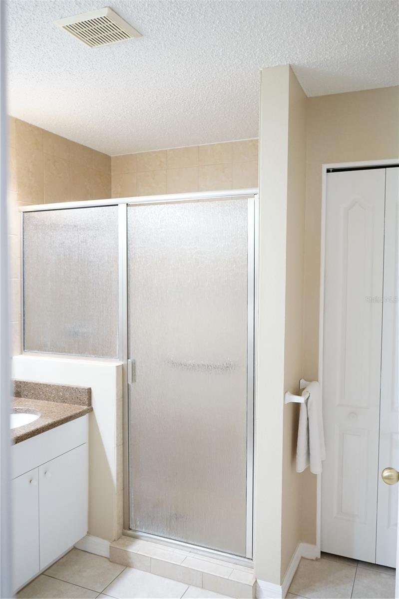 owners walk in shower and linen closet
