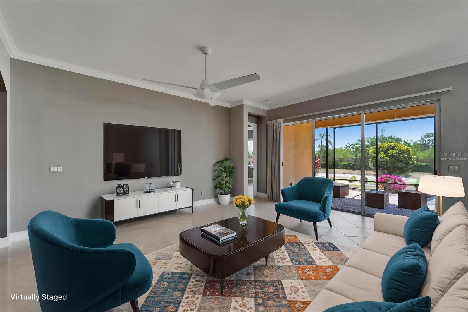 Great room - features extra-large sliders to the extended lanai 3 - - Virtually Staged