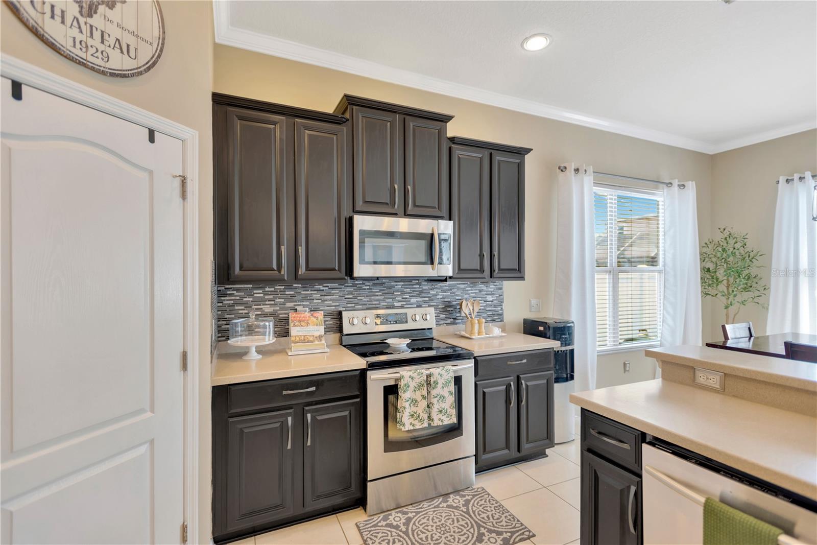 Staggered cabinet design adds added interest.