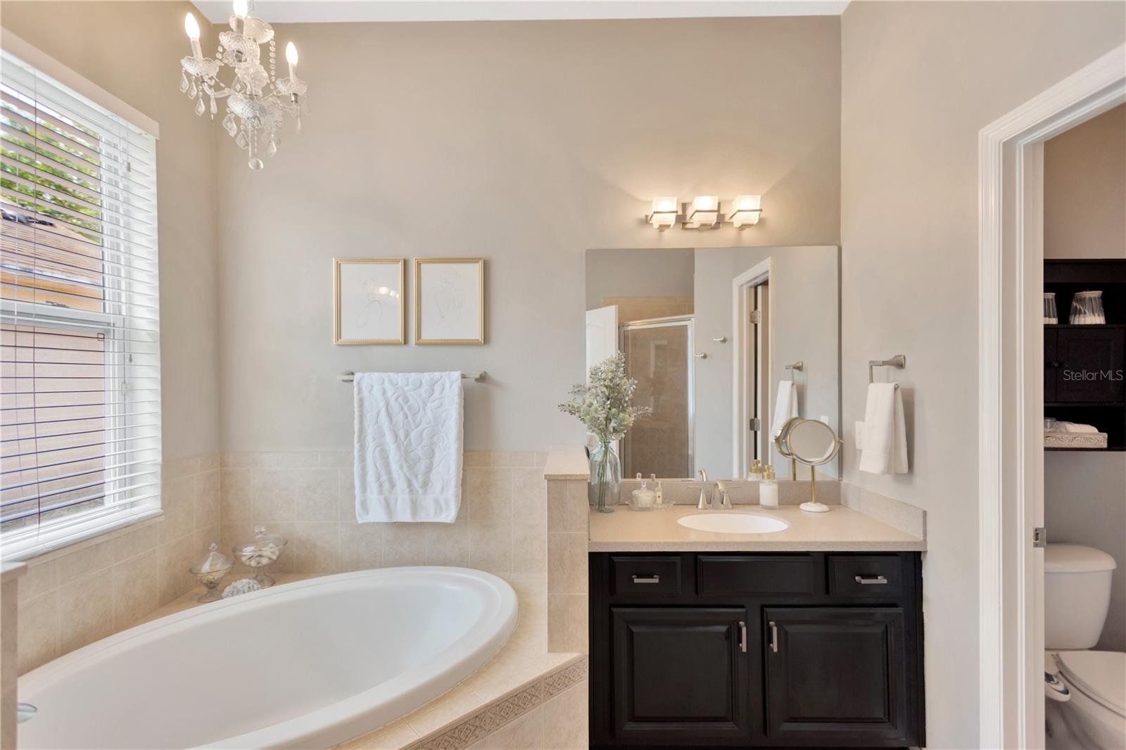 Regal garden tub to soak your cares away.  "His" vanity is also a definite plus.