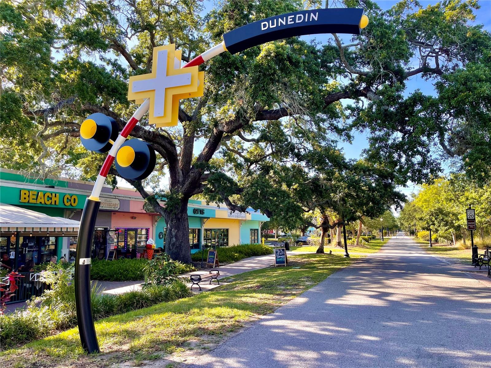 Art Deco arch on Pinellas Trail in center downtown Dunedin.