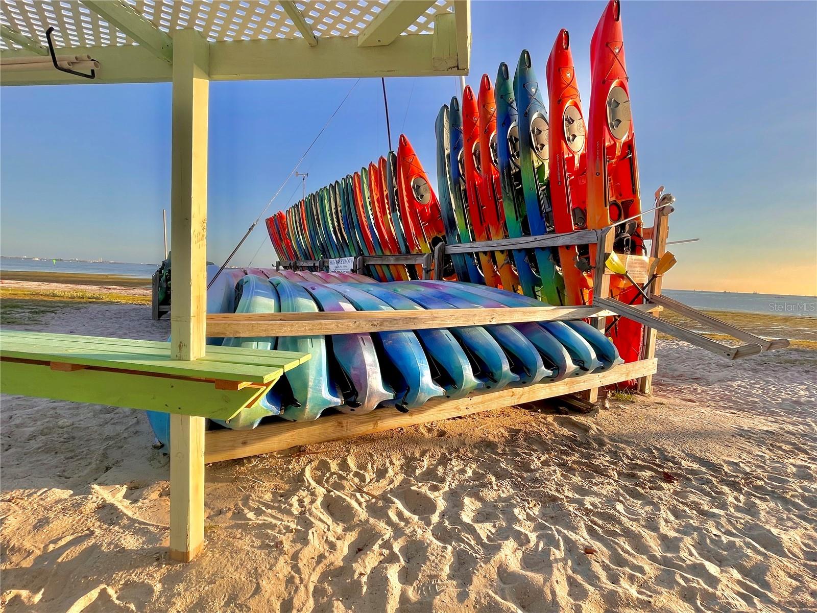 Kayaks available for rent on the Causeway on the way to Honeymoon Island.