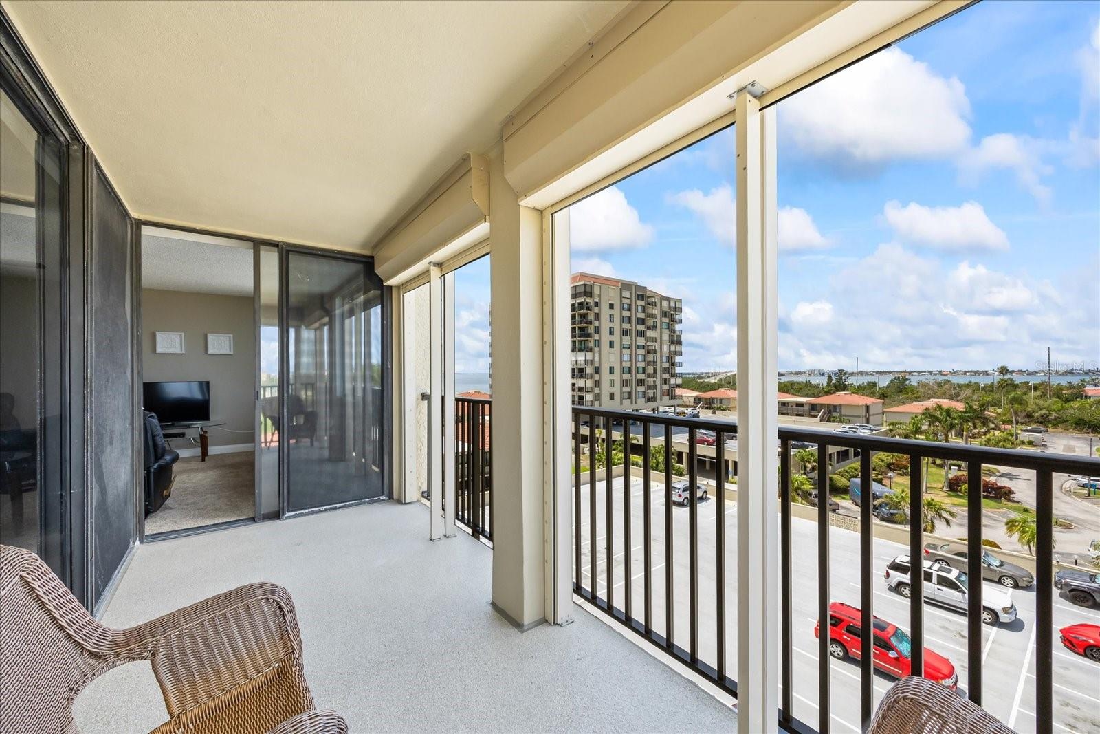 Look over the balcony and see the Skyway Bridge in the distance to your left