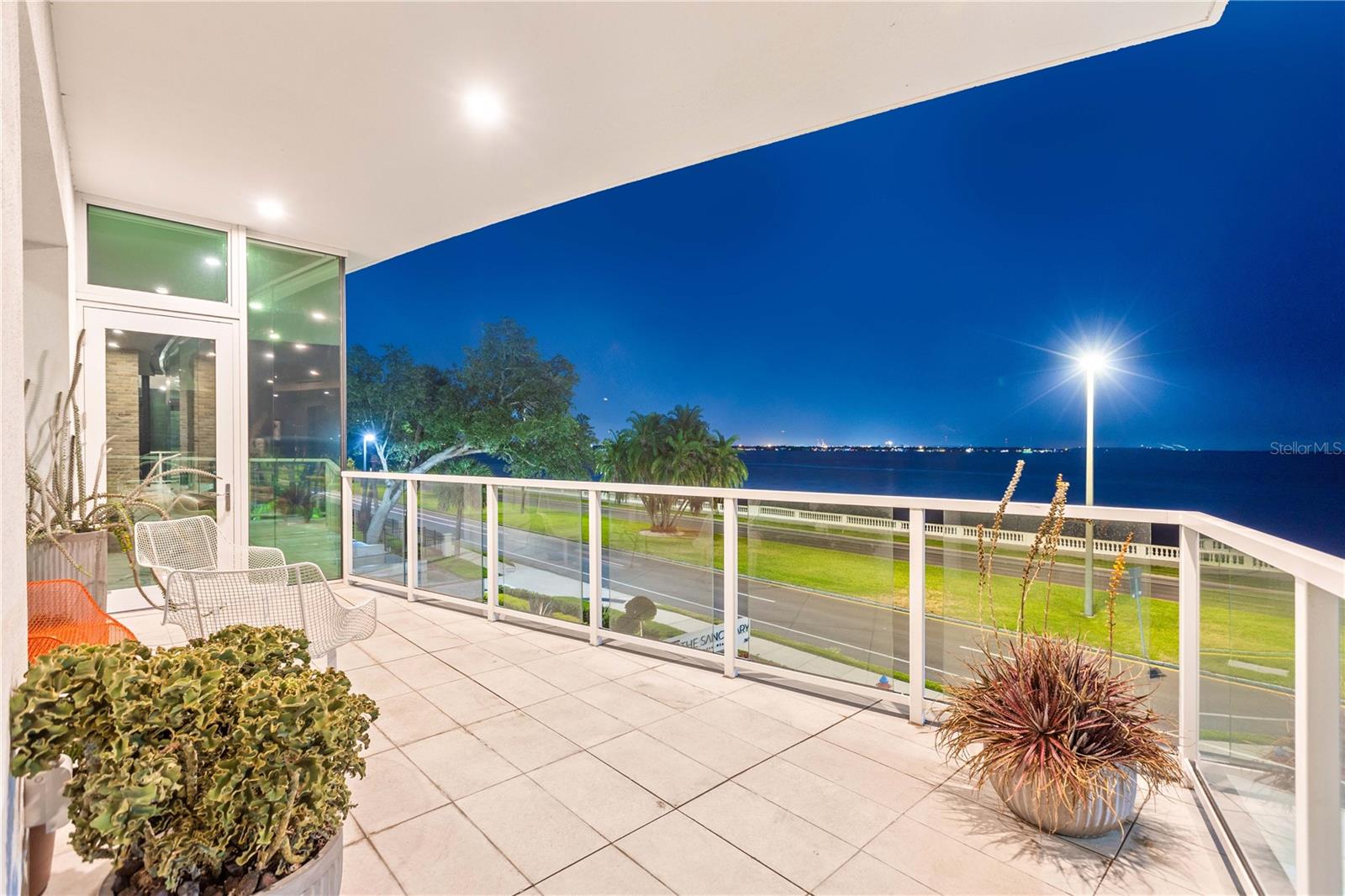 Evening view of front balcony.