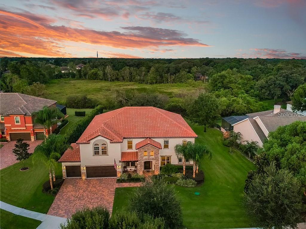 Sunset drone view of estate