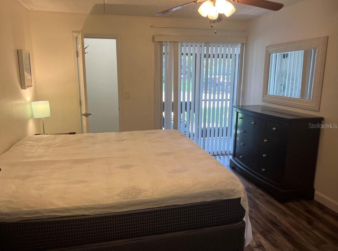 Primary bedroom with walk-in closet and patio access