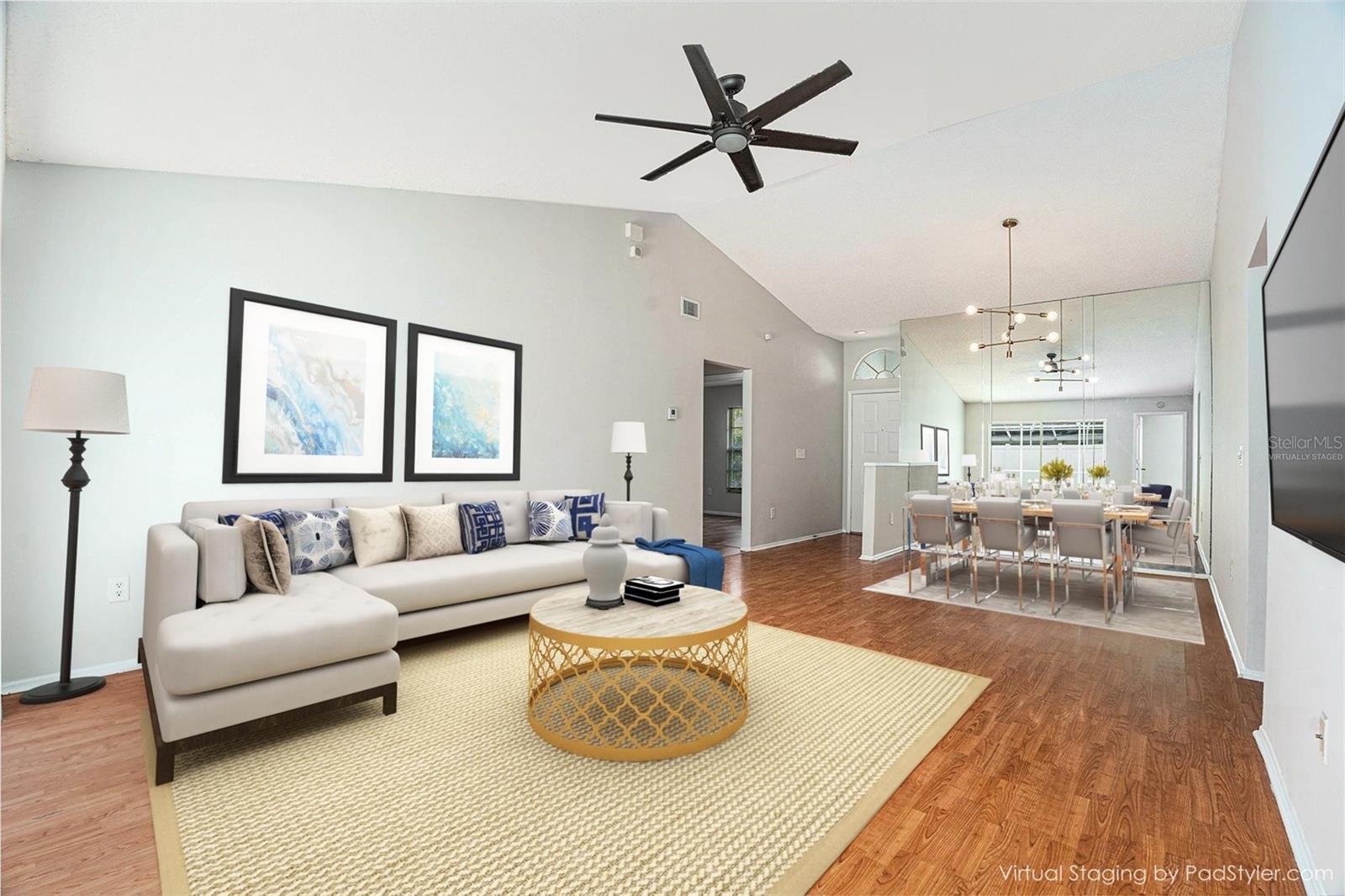 Virtually Staged - Great room. Living/Dining Room Combo