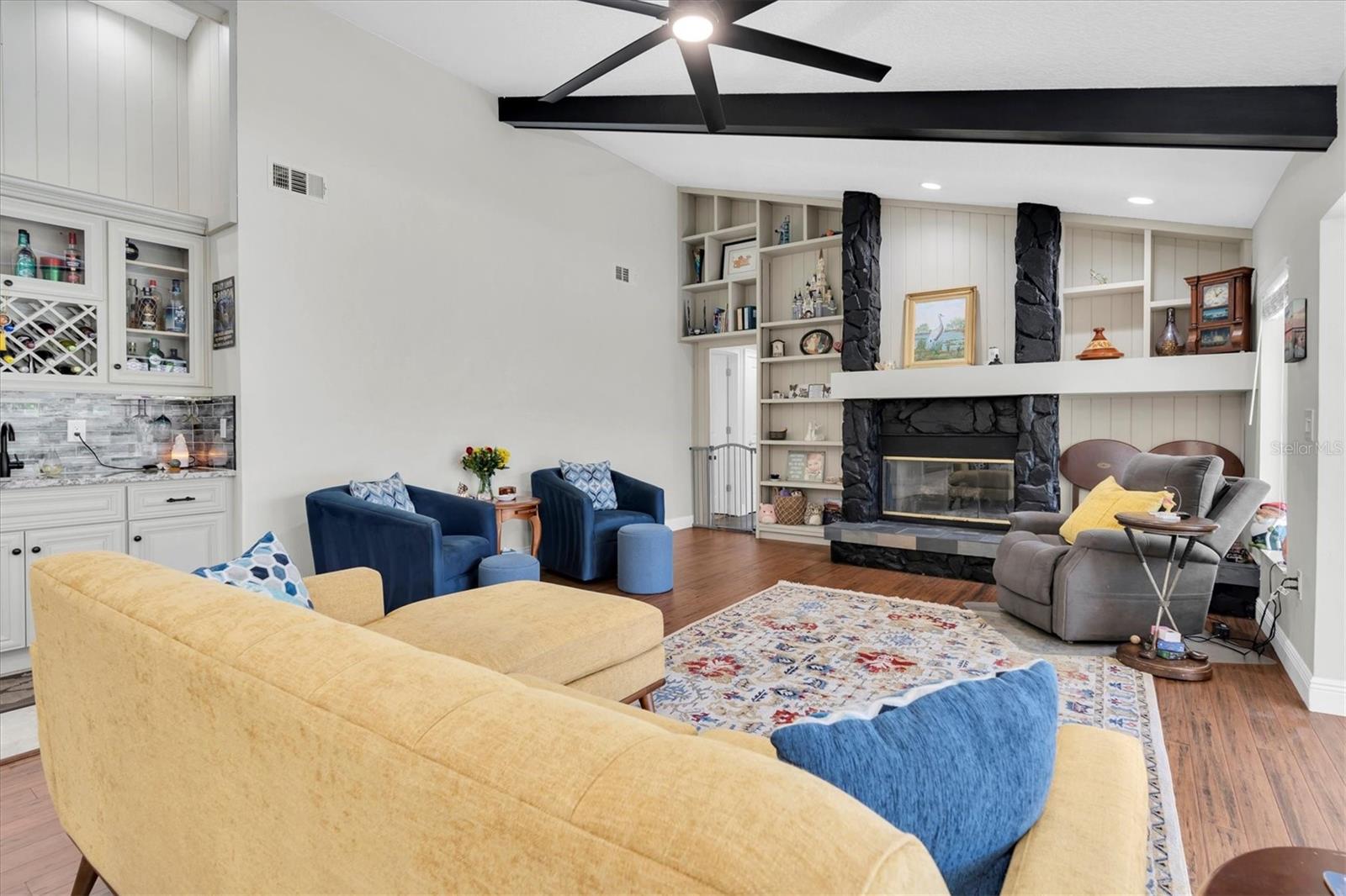 Living Room with wood burning fireplace
