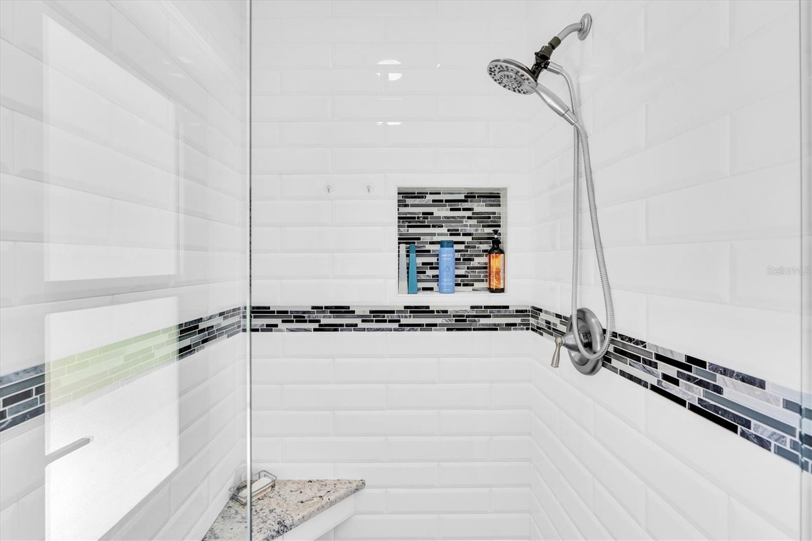 Renovated rear/pool bath with walk-in shower