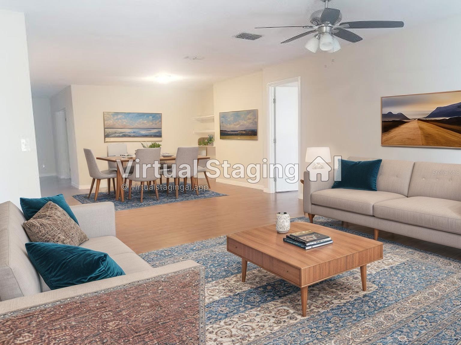 Living room and dining room staged
